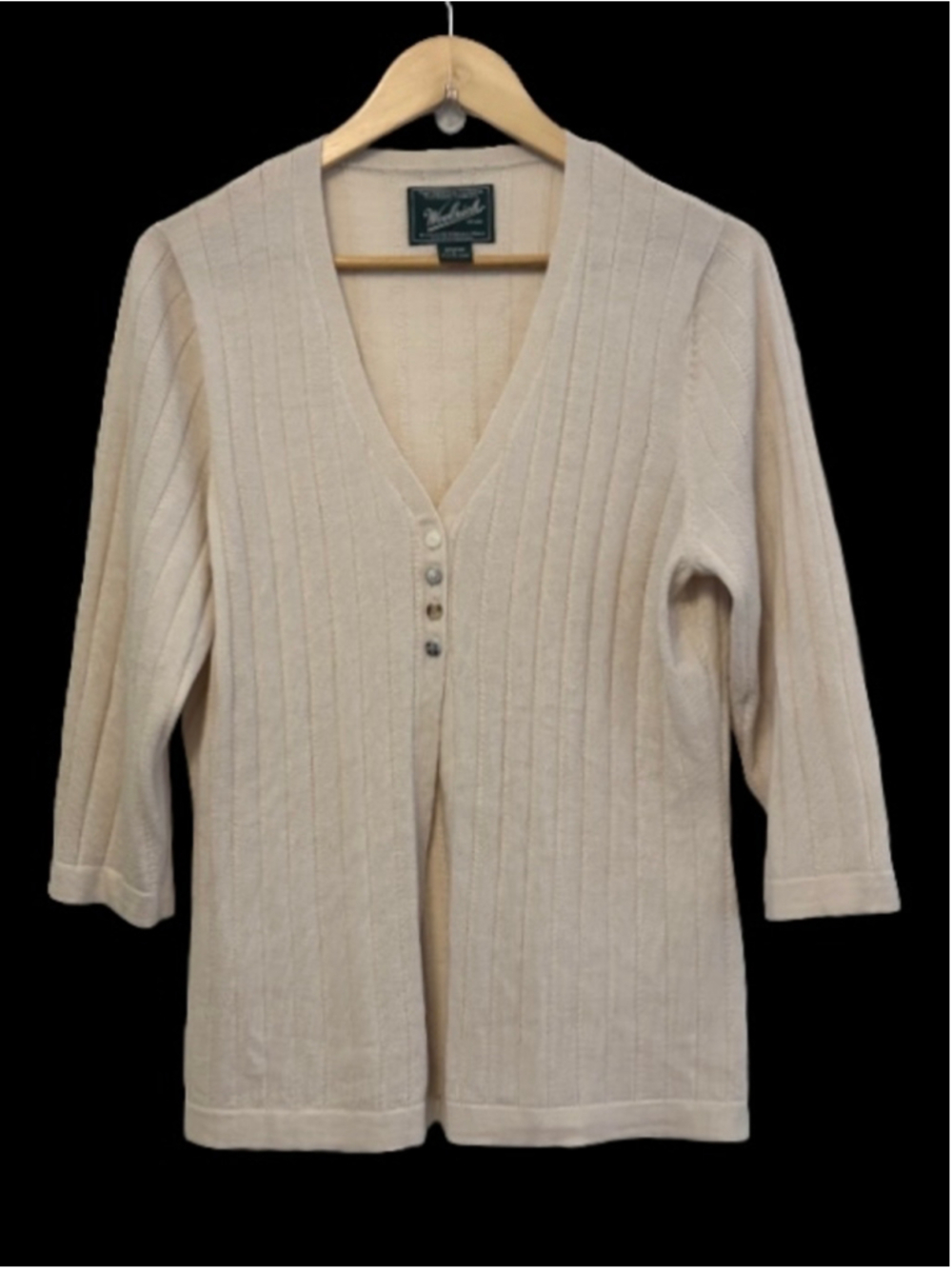 Woolrich oatmeal 3/4 sleeve ribbed wool cardigan SZ L coastal fisherman